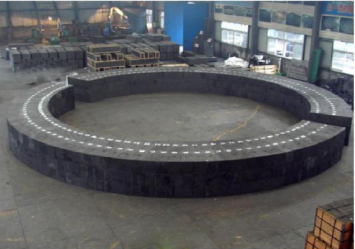 Preassembly site of ultra microporous carbon brick for hearth of 2200m³ blast furnace in ISA iron and Steel Company of India( 2008) Three layers.
